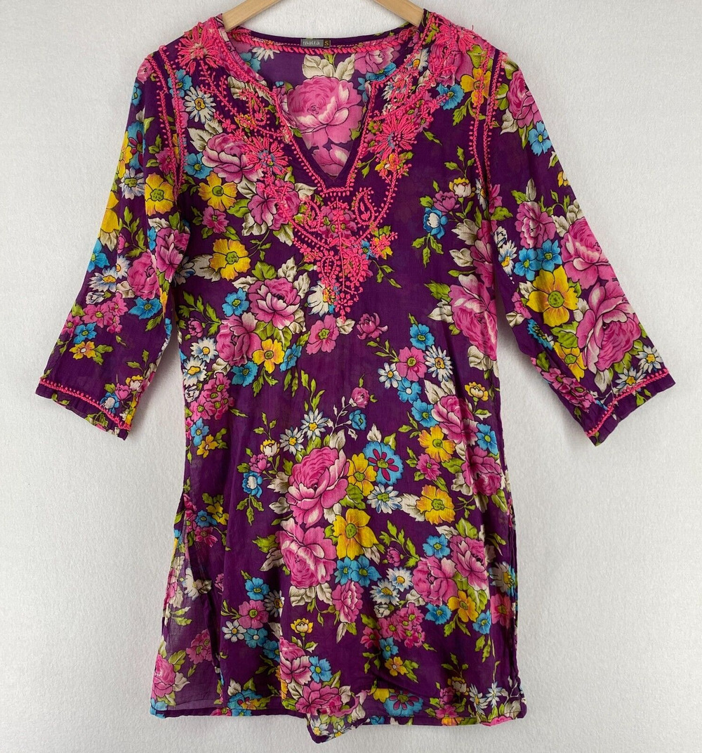 MATTA Top Womens S Peasant Floral Embroidered Tunic Split Neck 3/4 Sleeve Purple